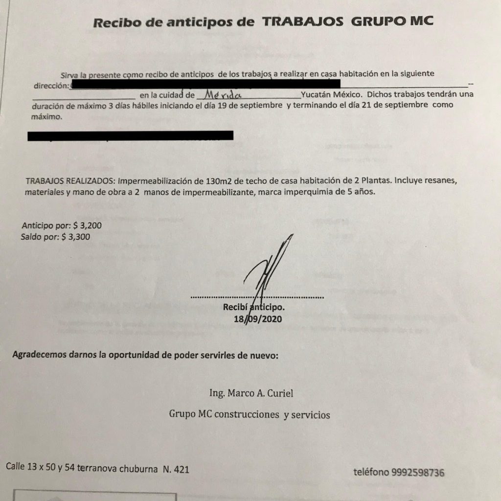 Marco Antonio Curiel Hernández entrega recibos sin numero cédula profesional firmando como Ingeniero.