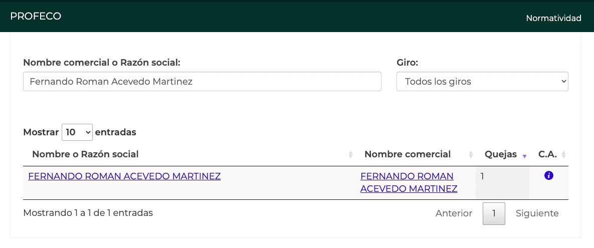 Quejas de Fernando Roman Acevedo Martínez ante la PROFECO.