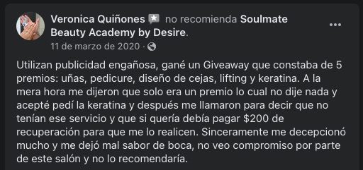 Una de las muchas reseñas negativas que no han borrado en Soulmate