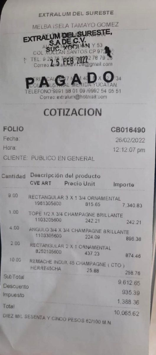 Material comprado en Extralum para obligar a Israel Molina a cumplir.