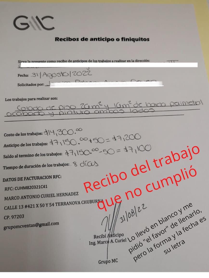 Recibo de anticipo entregado por Marco Curiel Hernández