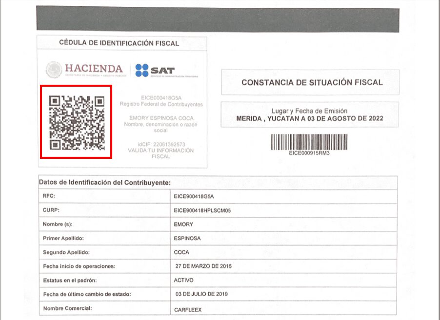 Cédula de Identificación fiscal de Carfleex.